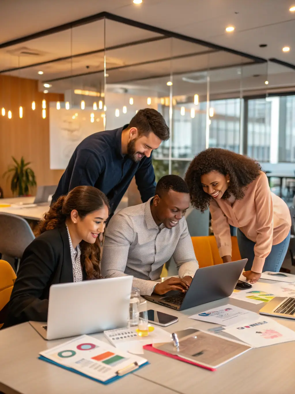 A professional setting showcasing a team setting up an affiliate marketing campaign on multiple devices, highlighting the initial stages of campaign setup.